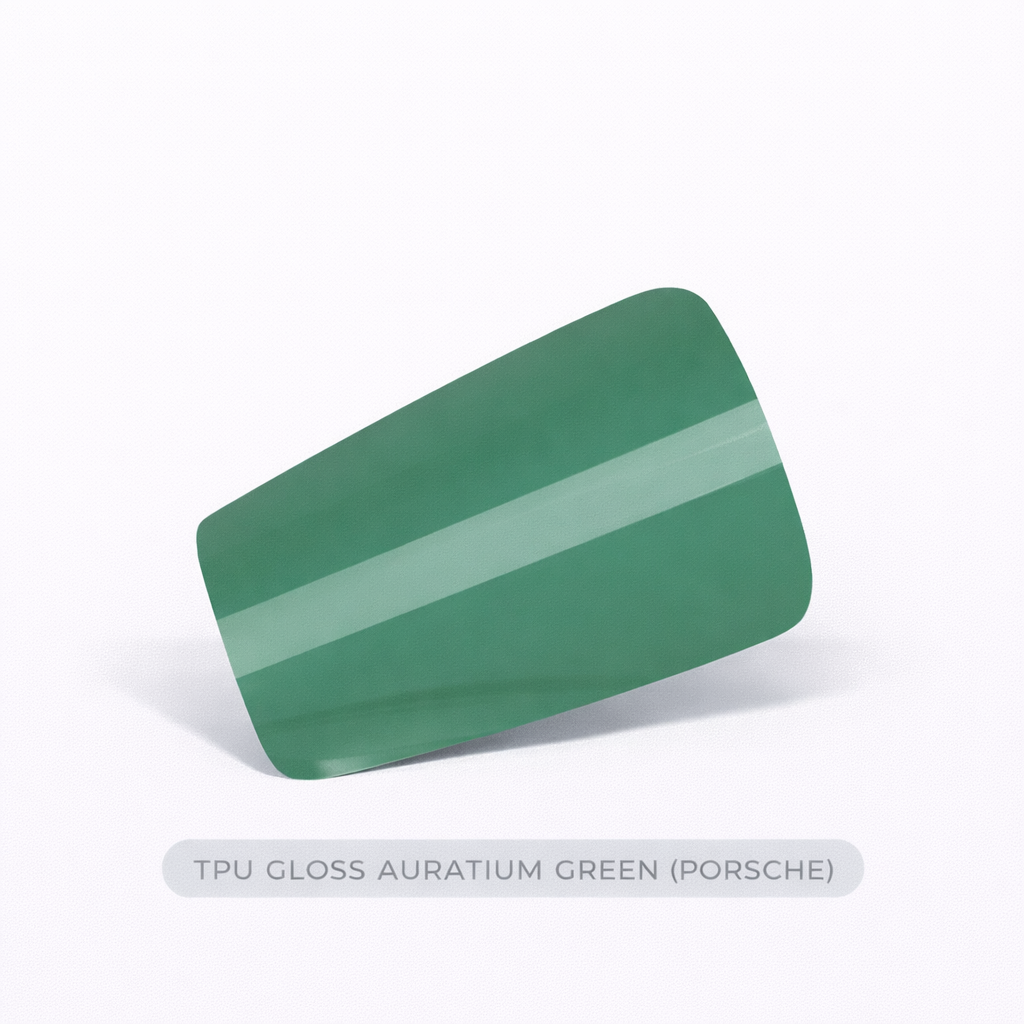 Green TPU material sample with 'TPU Gloss Auratium Green (Porsche)' label on a white background