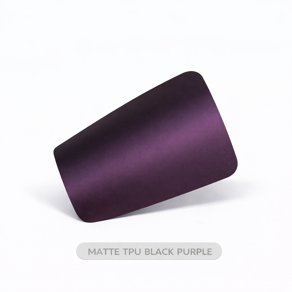 Matte TPU black purple phone case on a white background