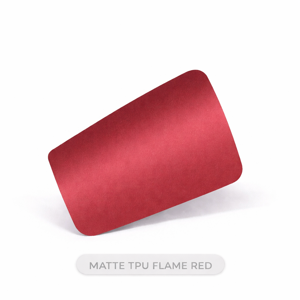 Red rectangular object labeled 'Matte TPU Flame Red' on a white background