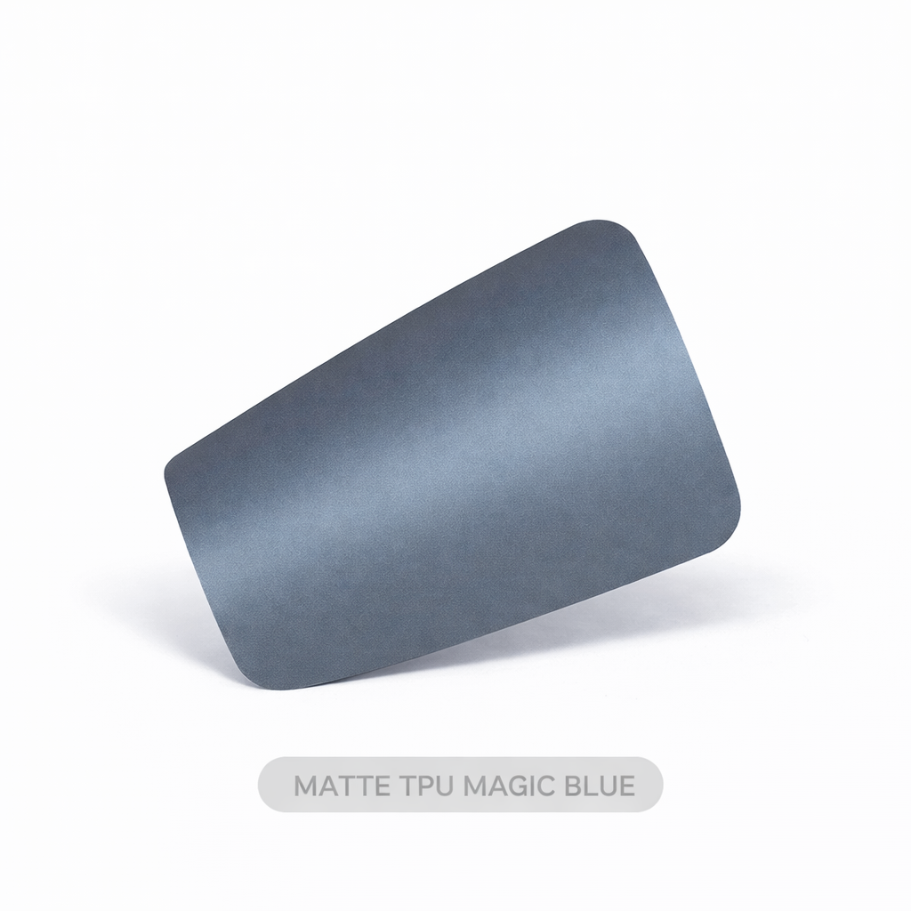 Matte TPU magic blue material sample on a white background