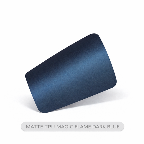 Matte TPU magic flame dark blue material sample on a white background
