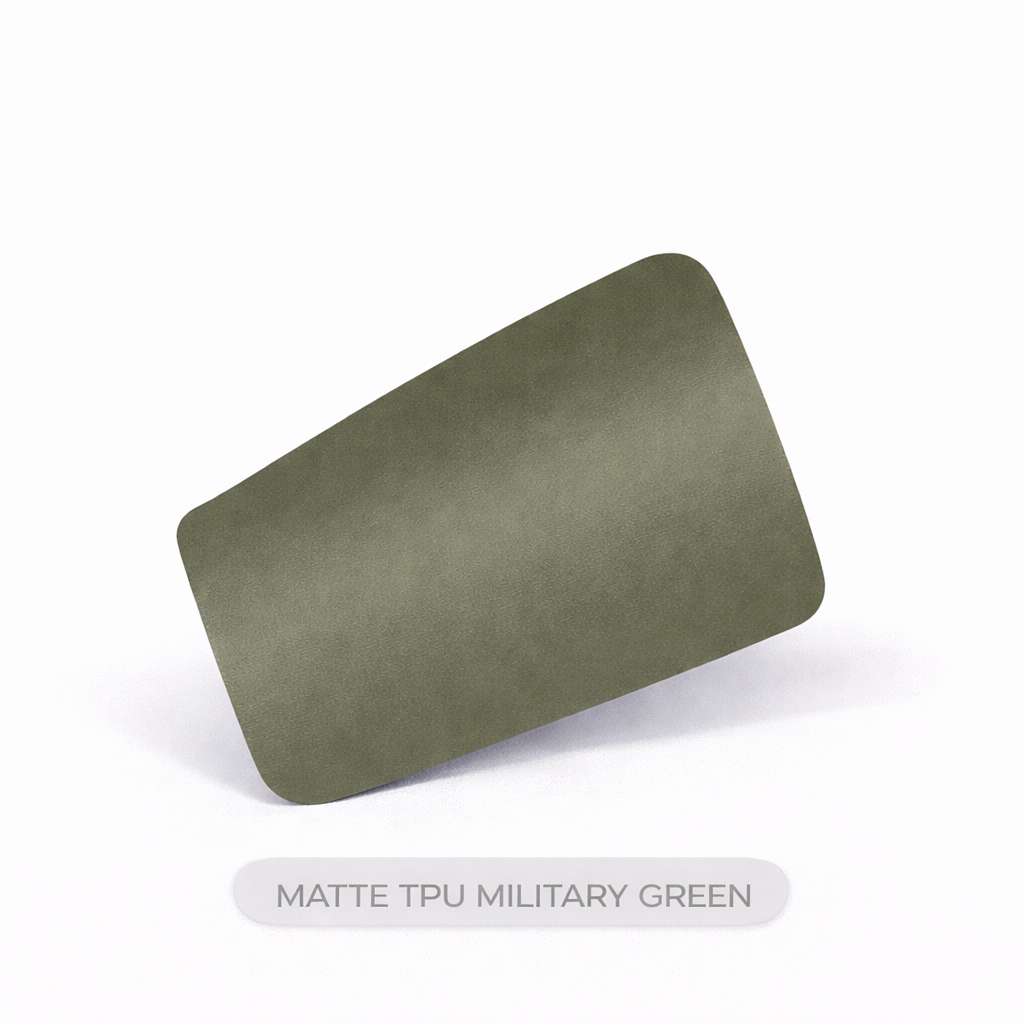 Matte TPU military green material sample on a white background