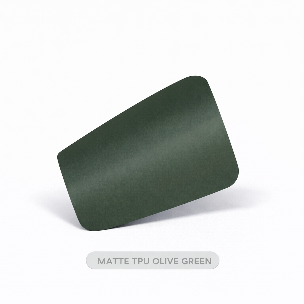 Olive green matte TPU material sample on a white background