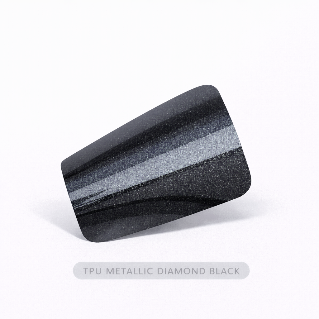 Black textured object on a white background with 'TPU Metallic Diamond Black' text.