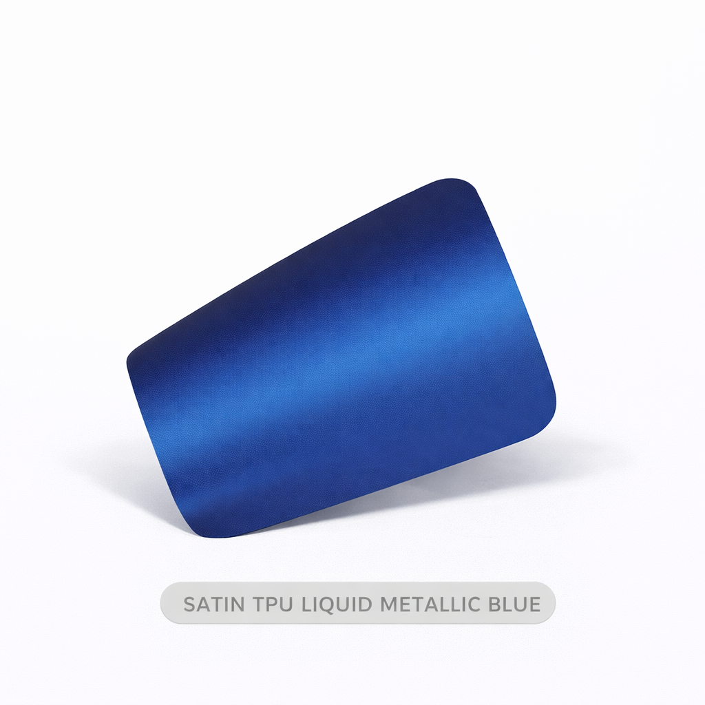 Blue satin TPU material sample on a white background