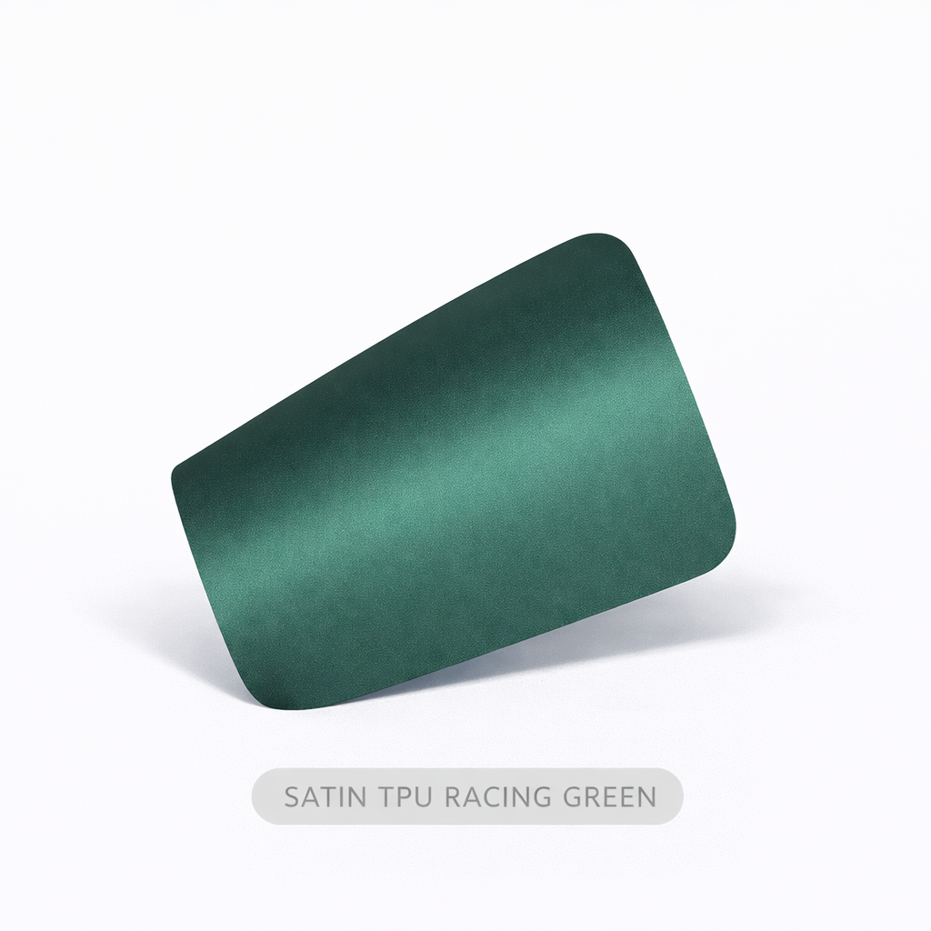 Green satin TPU material sample on a white background